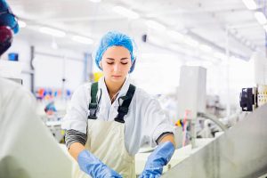 Jeune ouvrière en tenue de travail en train de travailler dans une industrie agroalimentaire